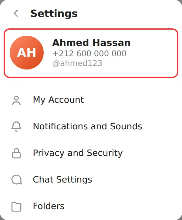 Paramètres Telegram avec votre nom et votre profil en haut mis en évidence